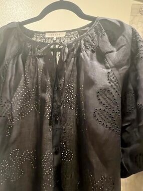 FRAME  Denim Black Eyelet Button-Front Peasant Linen Blouse